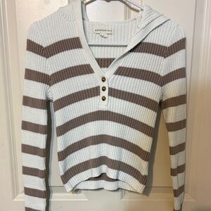 Aeropostale Brown and White Striped Hoodie Sweater